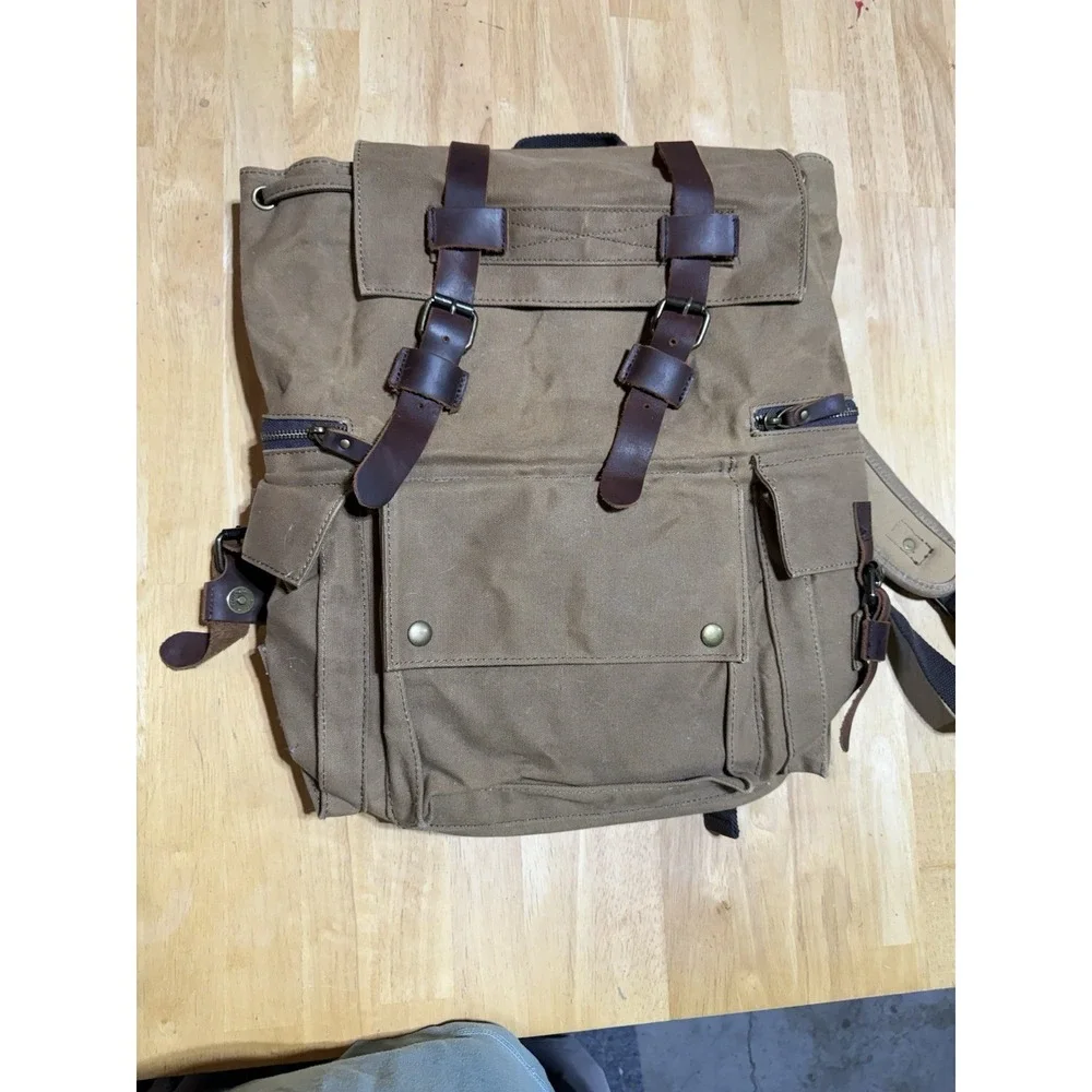 Waxed Canvas Leather Backpack Rucksack Military Heritage Hiking Travel Brown